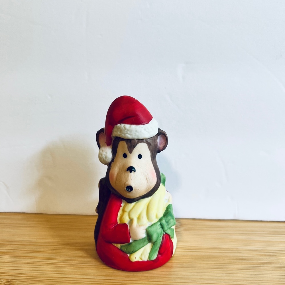 Vintage 1980's Bell Jasco Christmas Monkey with Bananas Taiwan Ceramic 4.5" Tall